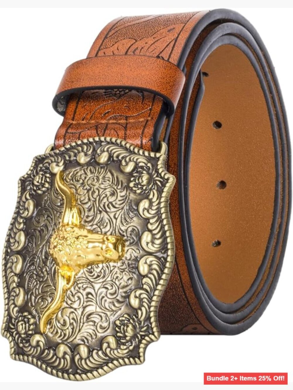 Western Cowboy PU Leather Belt with Floral Engraved Buckle for Jeans